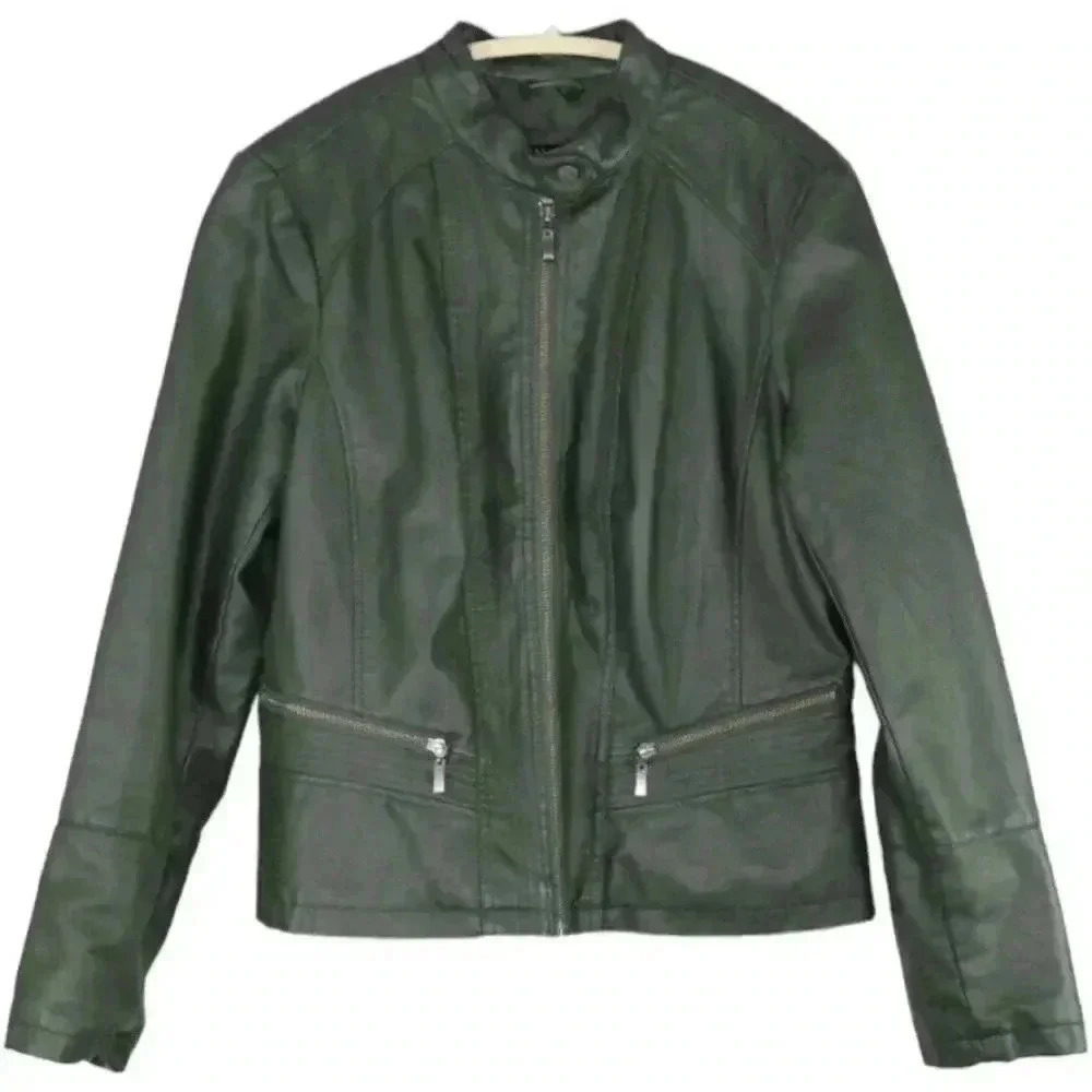 Bernardo Army Green Vegan Leather Moto Jacket